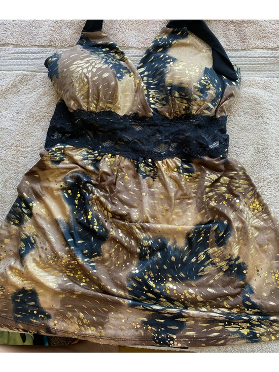 Seductions Other - Vintage Y2K Seductions Halter Babydoll Mini Dress – Gold Splatter & Black Lace